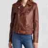 Womens Stylish Leather Biker Jacket Brown Main webp