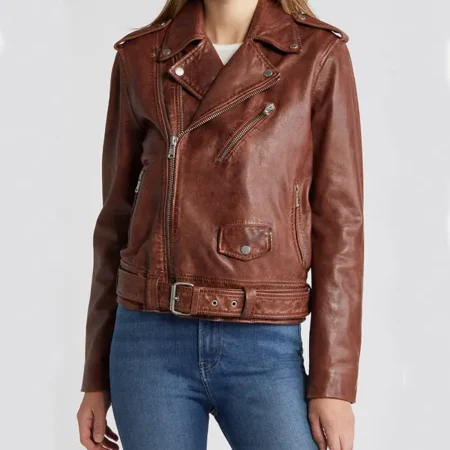 Womens Stylish Leather Biker Jacket Brown Main webp