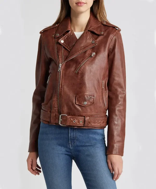 Womens Stylish Leather Biker Jacket Brown Main webp