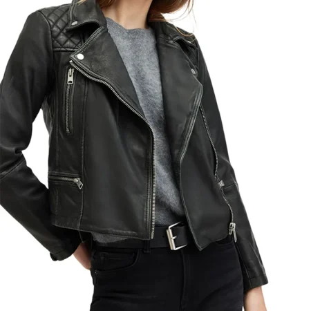 Womens Stylish Quilted Black Leather Jacket Front webp