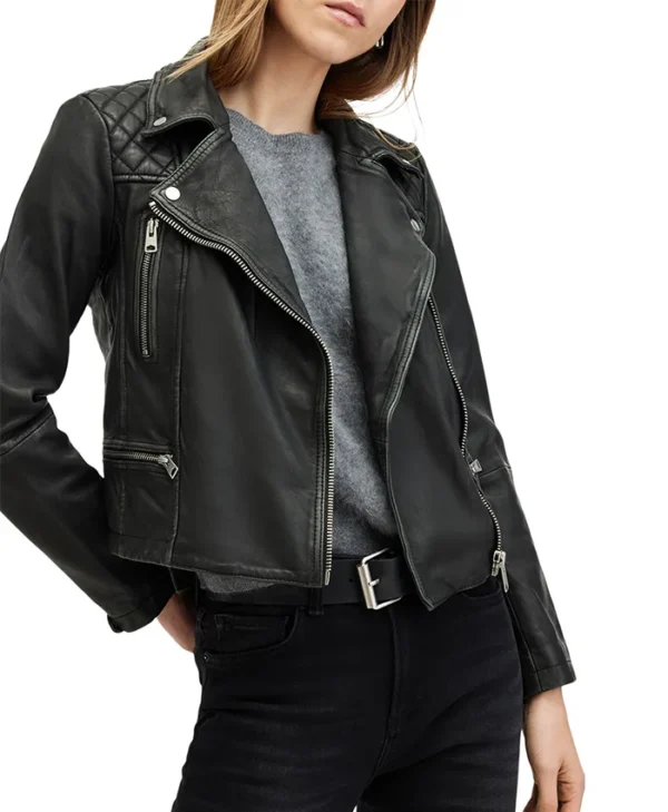 Womens Stylish Quilted Black Leather Jacket Front webp