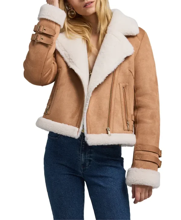 Womens Suede Brown B3 Bomber Shearling Leather Jacket Main webp
