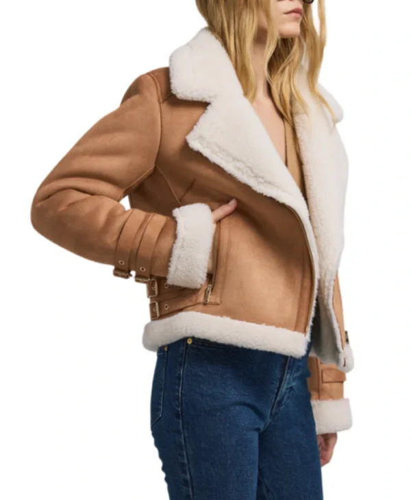 Womens Suede Brown B3 Bomber Shearling Leather Jacket Style webp