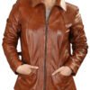 Womens Turn Down Collar Brown Leather Jacket jpg