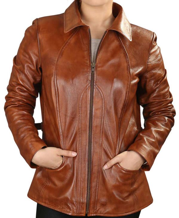 Womens Turn Down Collar Brown Leather Jacket jpg