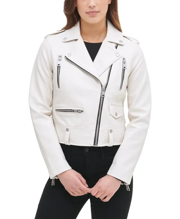 Womens White Biker Leather Jacket Main webp