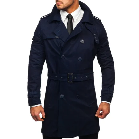 Men s Double Breasted Navy Blue Trench Coat