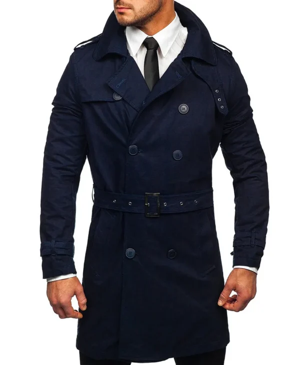 Men s Double Breasted Navy Blue Trench Coat