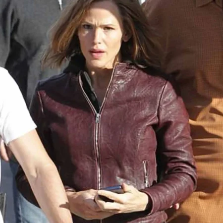 jennifer garner peppermint maroon leather jacket
