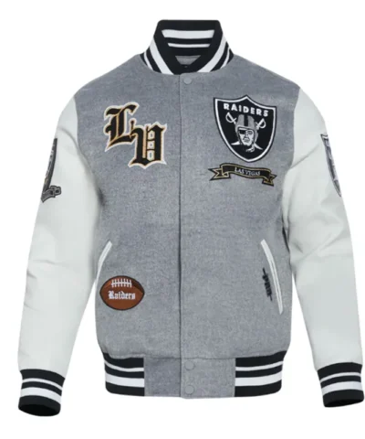 las vegas raiders prep gray white varsity jacket