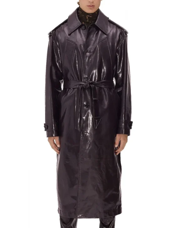 Men s Shiny Belted Trench Coat with Removable Hood