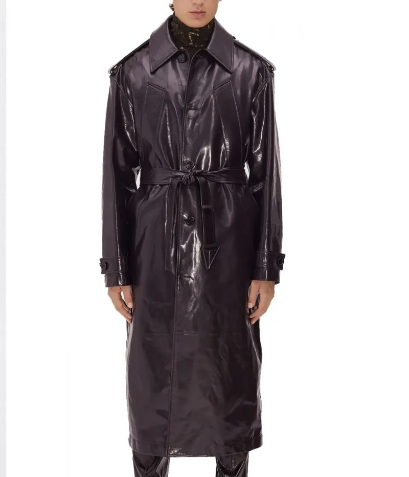 Men s Shiny Belted Trench Coat with Removable Hood