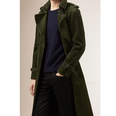 Men s Belted Fashion Corduroy Green Coat