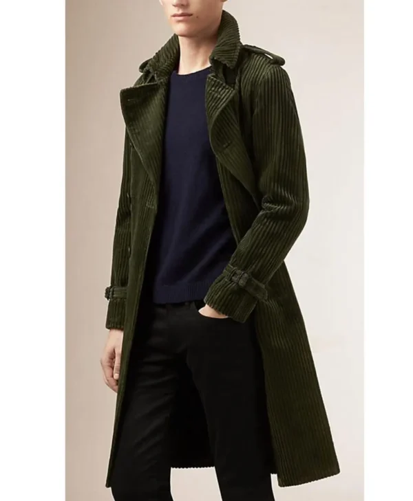 Men s Belted Fashion Corduroy Green Coat
