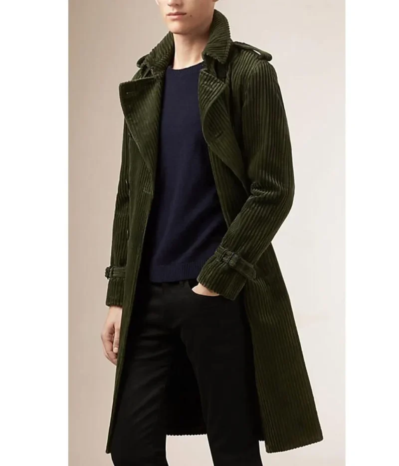 Men s Belted Fashion Corduroy Green Coat