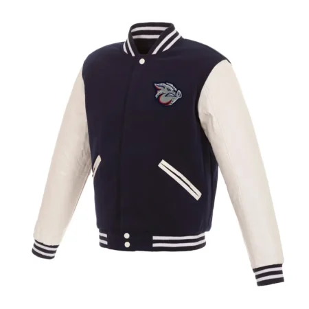 navy white lehigh valley ironpigs varsity jacket