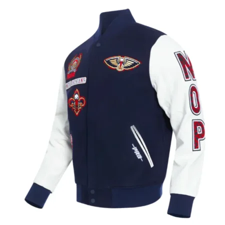 new orleans pelicans animal print navy and white varsity jacket
