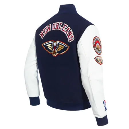 new orleans pelicans animal print varsity navy and white jacket