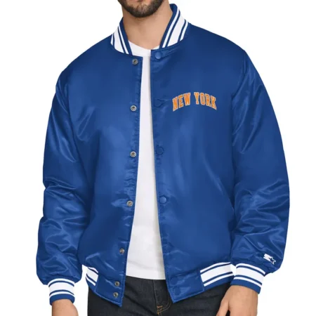 new york knicks basketball blue logo varsity satin jacket