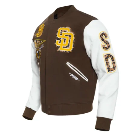 san diego padres animal print brown and white varsity jacket