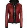 womens maroon leather bomber jacket Front webp