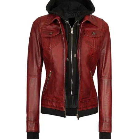 womens maroon leather bomber jacket Front webp