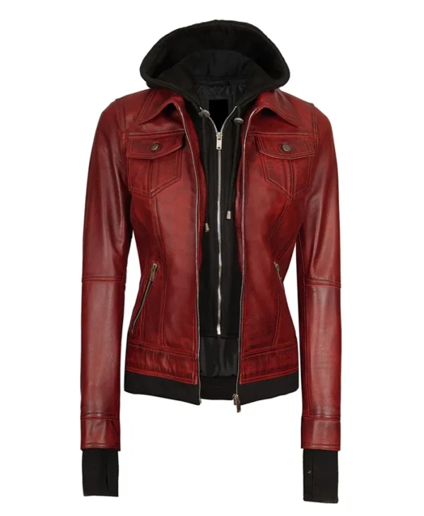 womens maroon leather bomber jacket Front webp