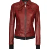 womens maroon leather bomber jacket Without Hood webp