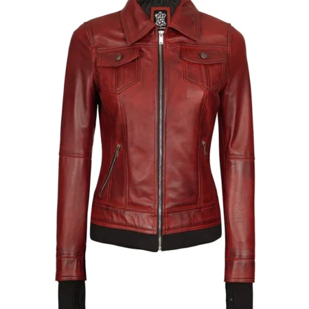 womens maroon leather bomber jacket Without Hood webp