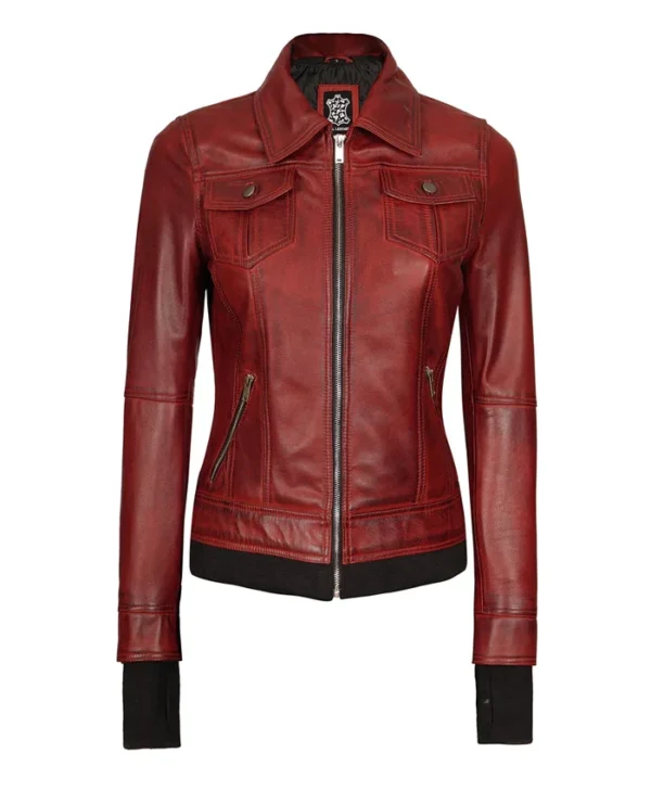 womens maroon leather bomber jacket Without Hood webp