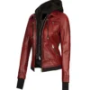 womens maroon leather bomber jacket side webp