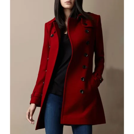 Women s Red Wool Mid Length Trench Coat