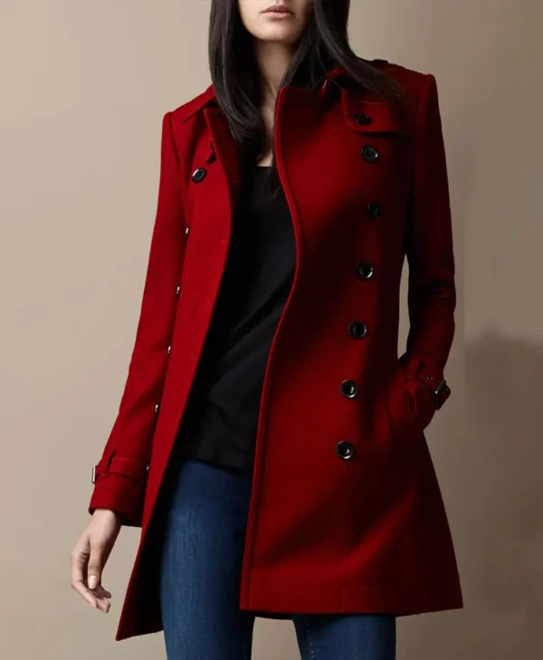 Women s Red Wool Mid Length Trench Coat