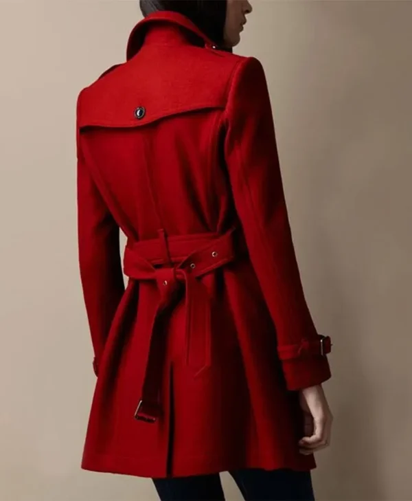 womens red wool mid length trench coat