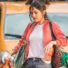 A Rainy Day In New York Selena Gomez Orange Satin Jacket closeup