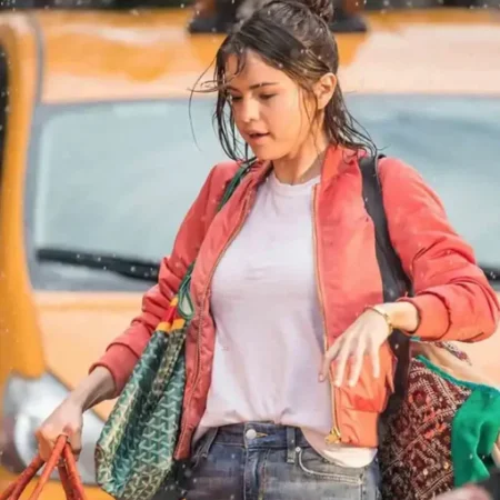 A Rainy Day In New York Selena Gomez Orange Satin Jacket closeup