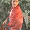 A Rainy Day In New York Selena Gomez Orange Satin Jacket left