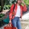 A Rainy Day In New York Selena Gomez Orange Satin Jacket leftt