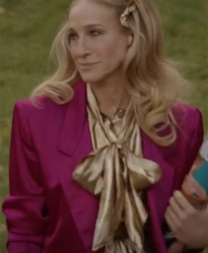 And Just Like That S02 Carrie Bradshaw Pink Silk Blazer closeup webp