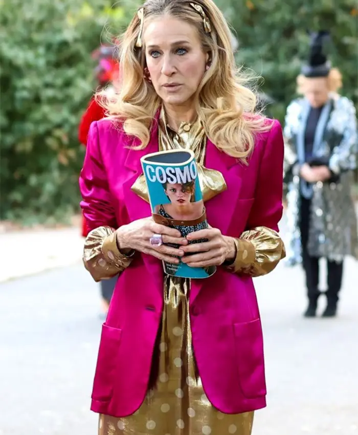And Just Like That S02 Carrie Bradshaw Pink Silk Blazer front webp
