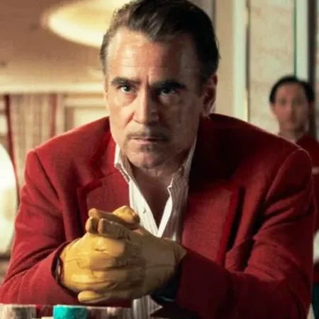 Ballad of a Small Player Colin Farrell Red Blazer