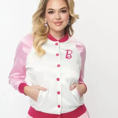 Barbie X Unique Vintage Varsity Pink Jacket webp
