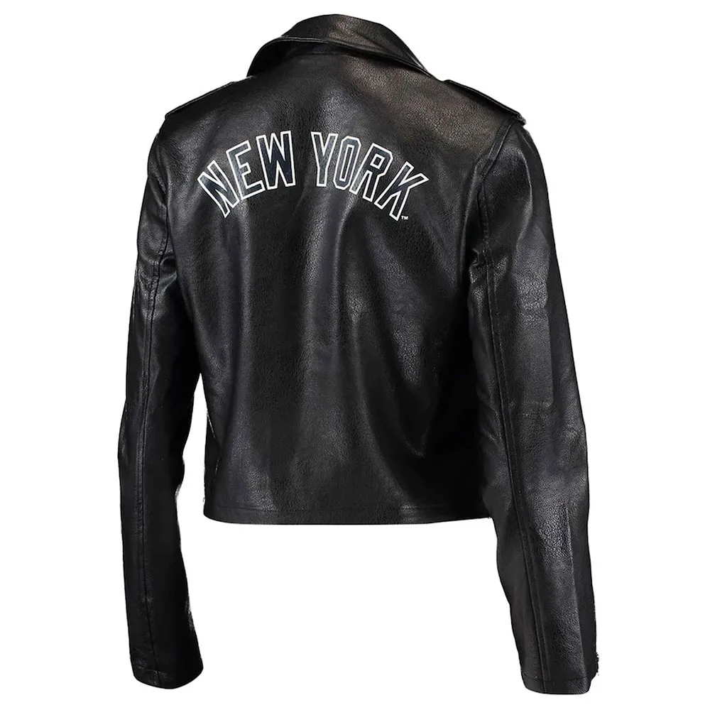 Biker NY Yankees Black Leather Jacket back 1 webp