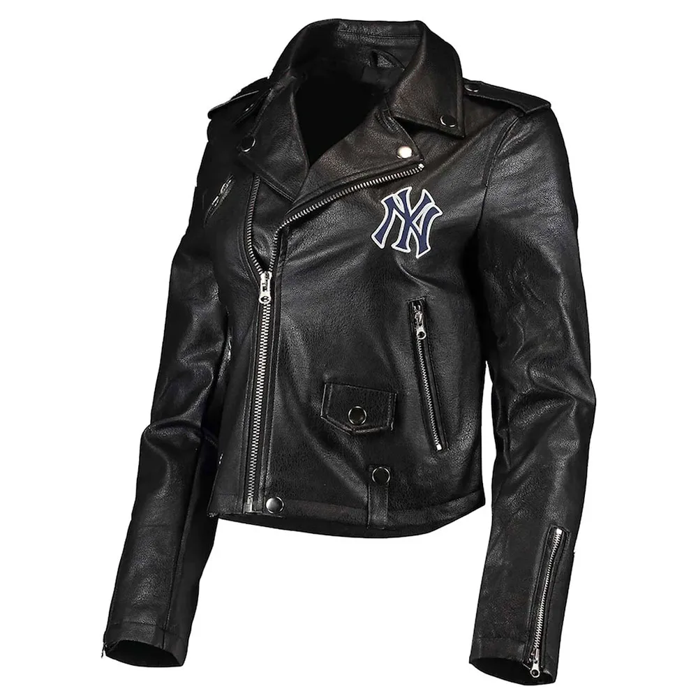 Biker NY Yankees Black Leather Jacket webp