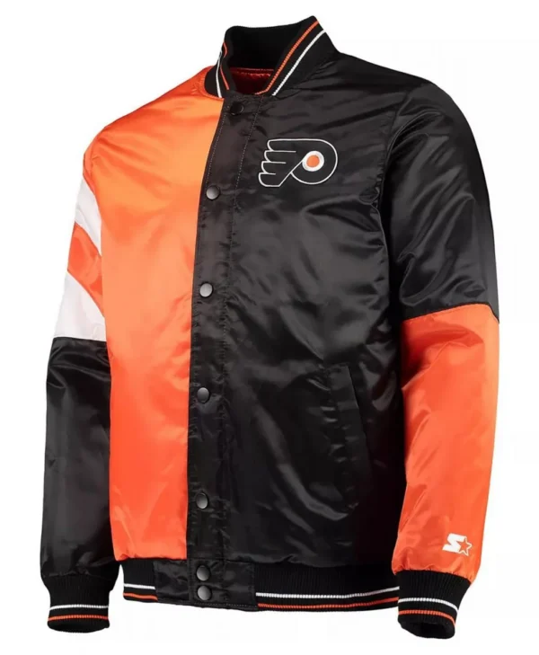 Black Orange Philadelphia Flyers Leader Full Snap Varsity Satin Jacket webp