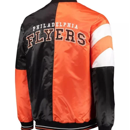 Black Orange Philadelphia Flyers Leader Full Snap Varsity Satin Jacket back 1 webp