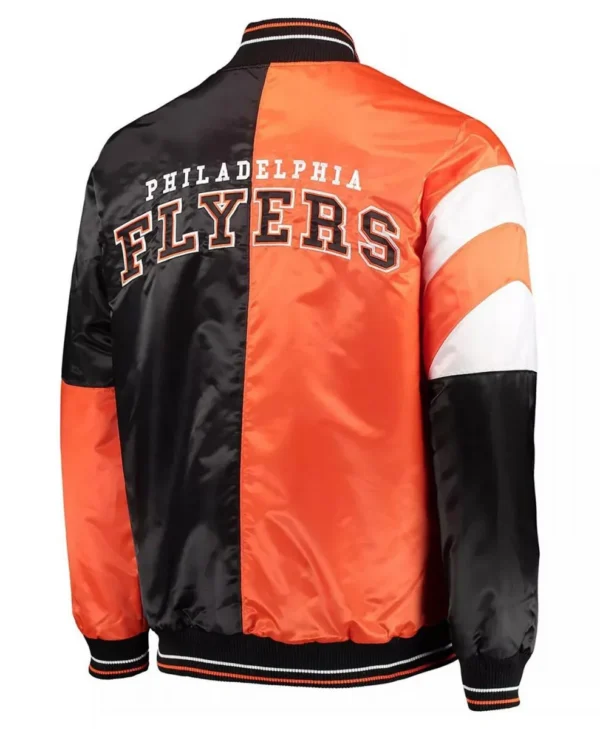 Black Orange Philadelphia Flyers Leader Full Snap Varsity Satin Jacket back 1 webp