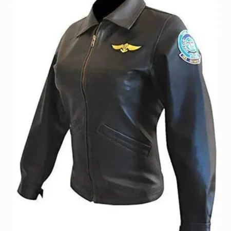 Charlie Top Gun Flight Pilot Zip Up Black Leather Jacket Side