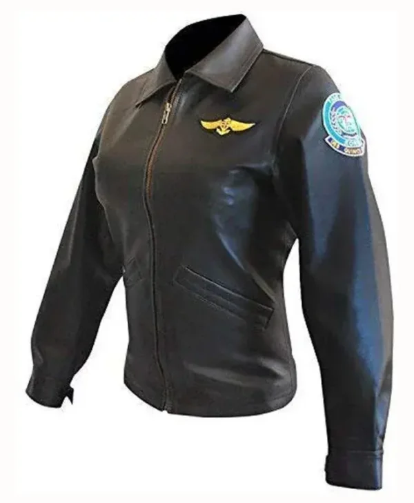 Charlie Top Gun Flight Pilot Zip Up Black Leather Jacket Side