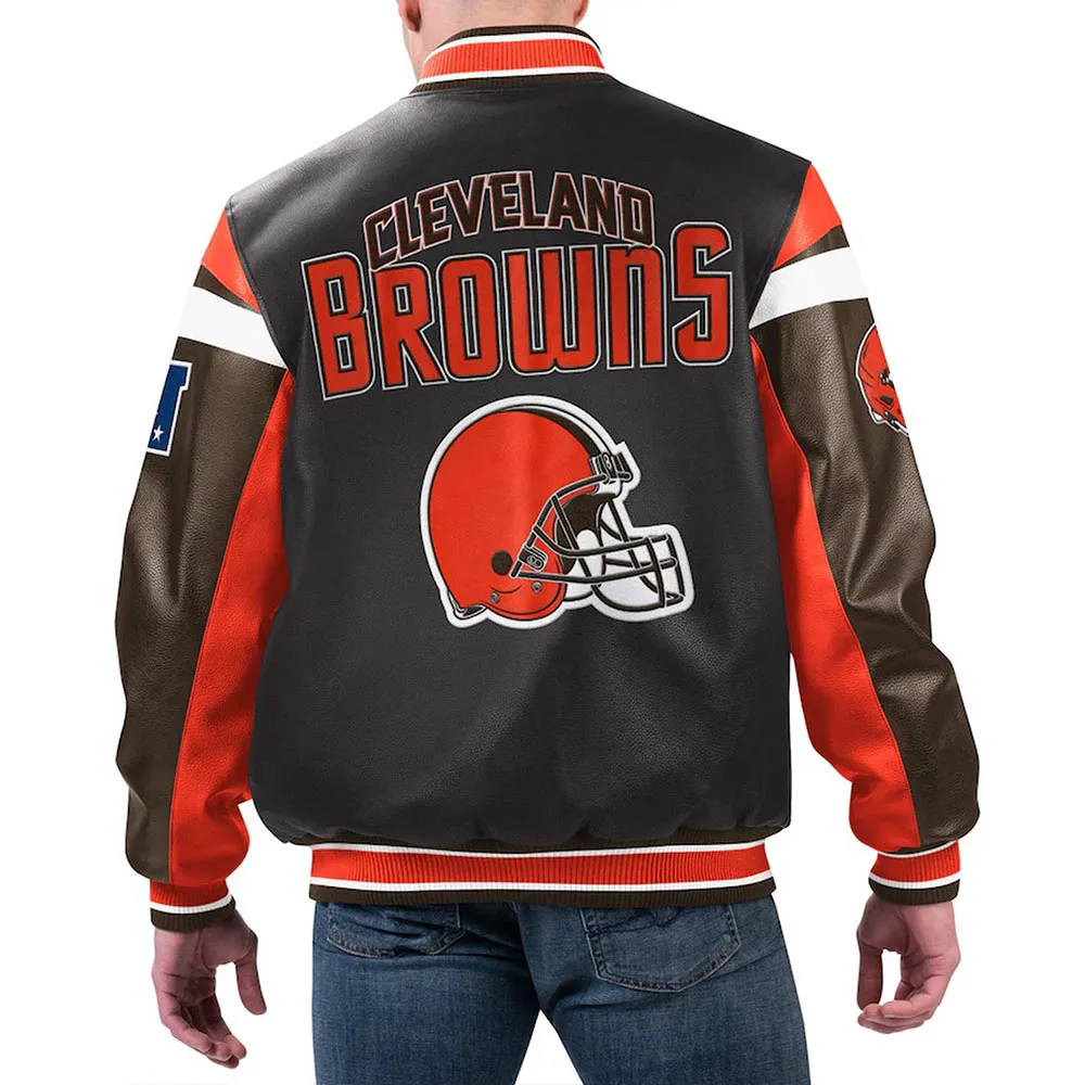 Cleveland Browns Black Varsity Full Zip Leather Jacket back webp